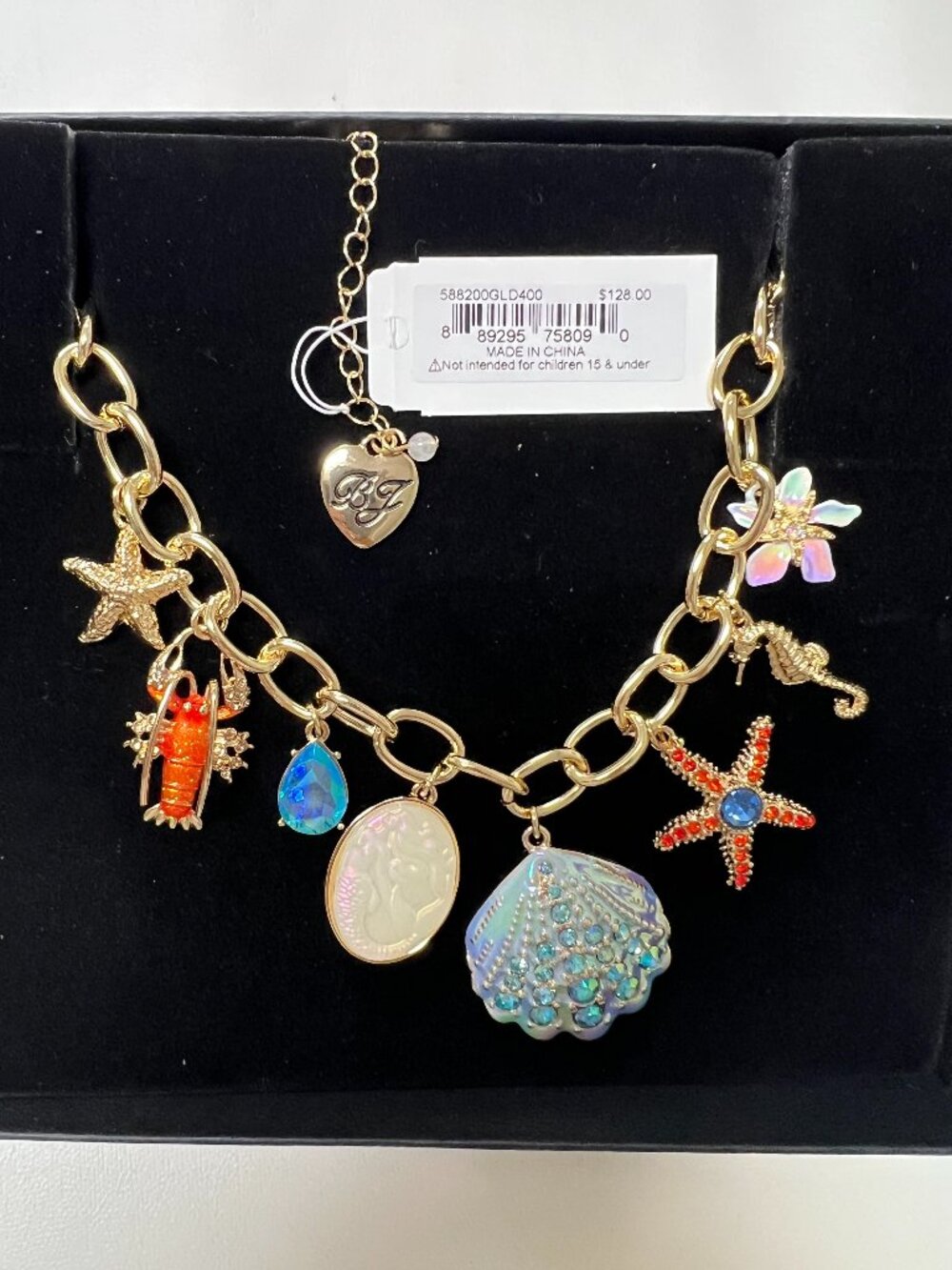 Sea Life Charm Necklace Gold Link Chain Shell Starfish Lobster Seahorse